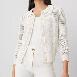 Ann Taylor Ivory Crochet Open-Knit Collared Button Up Cardigan